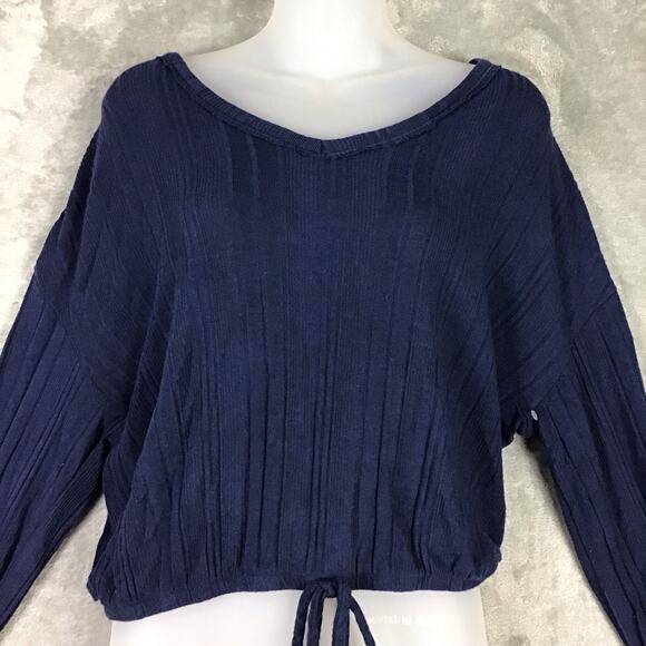 White Willow Women’s Navy Ribbed Long Sleeve Cropped Top Drawstring Hem Sz M - Picture 1 of 13
